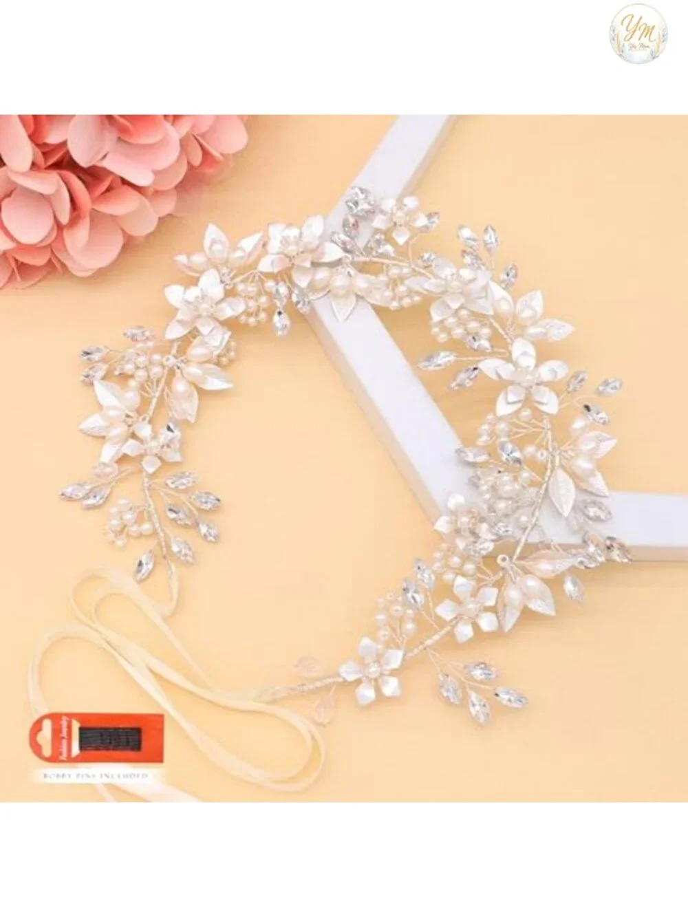 Bridal Headband Flower Pearl Ribbon Hair Accessory Wedding Headpiece